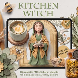 Może przedstawiać: Cyfrowa kolekcja 126 realistycznych naklejek i obiektów PNG zatytułowana KITCHEN WITCH, zawierająca centralną postać z moździerzem, zapaloną świecę, śpiącego kota, plastry miodu, pszczoły, suszone zioła oraz tekst a little wild, a little wise.