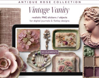 50 pegatinas realistas para agenda digital vintage con diseño de rosa antigua, ideales para diarios. Objetos PNG transparentes para crear escenas planas y uso comercial.
