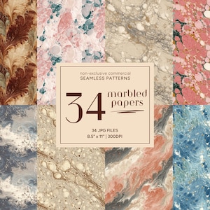 May include: A collection of eight marbled paper patterns in various colors, including brown, pink, blue, and beige. The image includes a central rectangular graphic with the text "34 marbled papers" and details about the files.