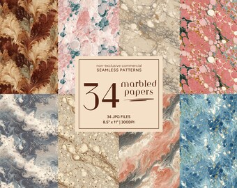 34 papeles marmolados sin costuras, guardas vintage, páginas de diario imprimibles, patrones digitales para portadas de cuadernos de recortes, uso comercial