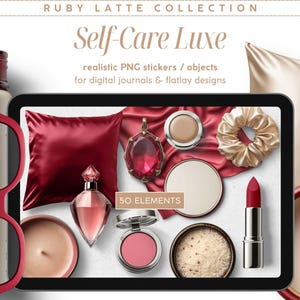 Realistische digitale stickers, Self-Care Luxe, Ruby Latte Series, Scene Creator Clipart, PNG-objecten, Digitaal dagboek, Flatlay Moodboard
