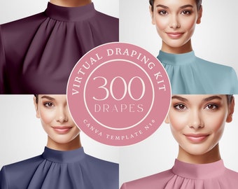 Kit de drapeado virtual N10, 300 cortinas textiles digitales para análisis de color, plantilla de Canva, maqueta de moda, clipart de blusa, probador online