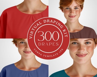 Pode incluir: Um kit de drapeado virtual vermelho, marrom, azul e turquesa com 300 cortinas para modelos Canva. O kit inclui quatro imagens de uma pessoa usando blusas de diferentes cores.