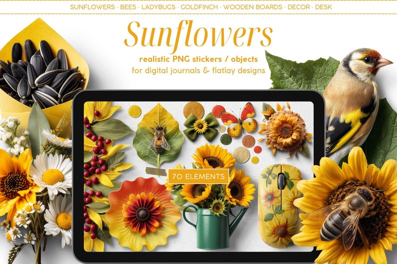Pode incluir: Um ecr&atilde; de tablet digital que mostra 70 autocolantes e objetos PNG com tema de girassol. Os autocolantes incluem girass&oacute;is, abelhas, joaninhas, um pintassilgo e t&aacute;buas de madeira. O texto "Sunflowers" e "autocolantes PNG realistas / objetos para di&aacute;rios digitais e designs planos" &eacute; exibido no ecr&atilde;.