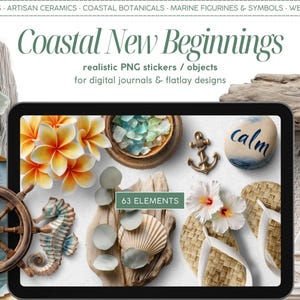 Pode incluir: Composição de arte digital com tema costeiro. Apresenta um tablet exibindo vários elementos como flores, conchas e uma âncora. As palavras "Coastal New Beginnings" e "63 ELEMENTS" também são visíveis. Inclui um leme e uma chave grande.