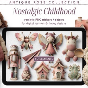 Stickers numériques réalistes, enfance nostalgique, série de roses anciennes, clipart créateur de scène, objets PNG, journal numérique, tableau d'ambiance flatlay