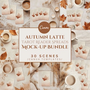 Pacchetto di mockup di diffusione dei tarocchi di 30, latte autunnale, modelli Canva, mock-up per lettori di tarocchi, stock in stile flatlay spirituale, uso commerciale