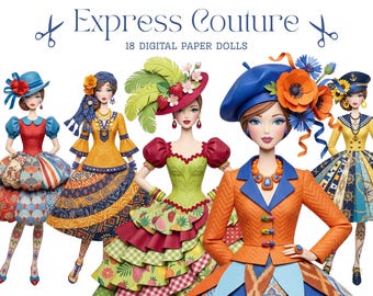 18 muñecas de papel imprimibles para collage, Express Couture para tarjetas, scrapbooking, diario, descarga digital, clipart PNG JPG