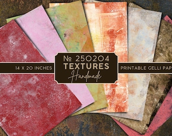 May include: Set of 8 printable digital papers with abstract textures in red, pink, yellow, brown, and white. The papers are 14 x 20 inches and are labeled "No. 250204 Textures Handmade Printable Gelli Papers".