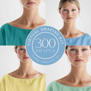 May include: A virtual draping kit with 300 drapes for use in Canva. The kit includes four different colour drapes: teal, light blue, yellow, and light green. The kit is designed for use with the Canva template 743.