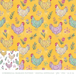 Op de afbeelding: Een naadloos patroon met kleurrijke kippen versierd met bloemmotieven, tegen een heldergele achtergrond. Het ontwerp bevat verschillende bloemen en bladeren, wat een vrolijke en grillige esthetiek creëert. Digitale download.