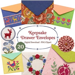 May include: A collection of colorful keepsake drawer envelopes with various designs. The envelopes feature floral, geometric, and embroidered patterns. The text "Keepsake Drawer Envelopes" is displayed in the center, along with "20" and "Digital Download PNG Clipart".