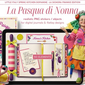 May include: Digital art featuring a tablet with a notebook, rolling pin, and cup. The image includes the text "La Pasqua di Nonna" and "Buona Pasqua". A woman figurine in a pink jacket and apron holds a cat. The theme is Italian spring kitchen.