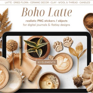 Realistische digitale stickers, boho latte, Scene Creator-clipart, png-objecten, digitaal dashboard, planner, dagboek, flatlay-moodboard