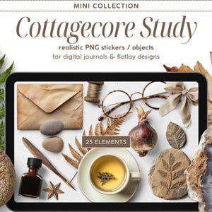 Op de afbeelding: Een digitale kunstcompositie met een tablet en diverse cottagecore-elementen. Inclusief een envelop, stenen, een veer, inkt, een theekopje, een bril, een strik, een bol en een geode. De tekst luidt "Cottagecore Study" en "realistische PNG-stickers / objecten voor digitale journals & flatlay designs."