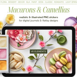 Realistische digitale stickers, macarons en camelia's, clipart scene Creator, png-objecten, digitaal dashboard, planner, dagboek, flatlay moodboard