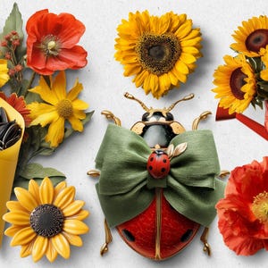Pode incluir: Uma joaninha vermelha com detalhes dourados e um la&ccedil;o verde est&aacute; sobre um fundo branco. A joaninha est&aacute; cercada por girass&oacute;is, papoulas e um cone amarelo cheio de sementes de girassol.