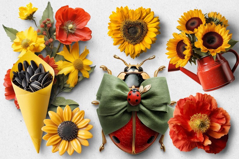 Pode incluir: Uma joaninha vermelha com detalhes dourados e um la&ccedil;o verde est&aacute; sobre um fundo branco. A joaninha est&aacute; cercada por girass&oacute;is, papoulas e um cone amarelo cheio de sementes de girassol.