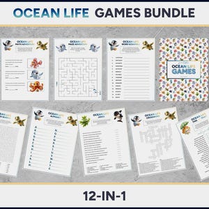 Ocean Life 12-i-1-paketspel för åldrar 6-12 | Ordsökningslabyrint Korsord Skämt Matte | Hemundervisning Klassrumsaktiviteter