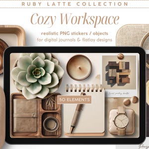 Stickers numériques réalistes, espace de travail confortable, série Ruby Latte, clipart créateur de scène, objets PNG, journal numérique, tableau d'ambiance flatlay