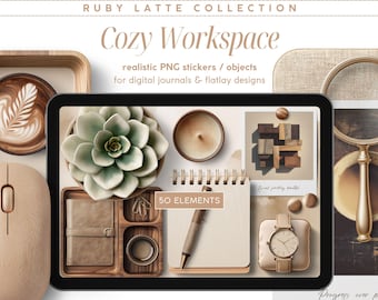 50 Ruby Latte Cozy Workspace Planificador digital Pegatinas realistas Diario Objetos PNG transparentes Creador de escenas Flatlay Uso comercial