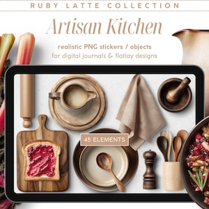 Realistische digitale stickers, ambachtelijke keuken, Ruby Latte-serie, Scene Creator Clipart, PNG-objecten, Digitaal dagboek, Flatlay Moodboard