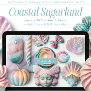 Adesivi digitali realistici, Sugarland costiero, Clipart del creatore di scene, Oggetti PNG, Dashboard digitale, Planner, Diario, Flatlay Moodboard