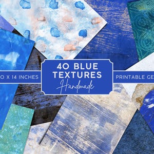 May include: 40 Blue Textures Handmade Printable Gelli Papers, 10 x 14 inches. A collage of blue and white abstract art prints with various textures.