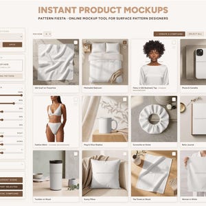 May include: A digital interface titled Instant Product Mockups featuring a grid of twelve product templates including a silk scarf, bedding, apparel, phone case, bikini, mug, scrunchie, journal, tumbler, pillow, tea towel, and fabric.