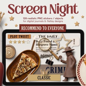May include: A digital collection titled Screen Night featuring 128 realistic PNG stickers and objects for digital journals. Elements include a gold crown, a ghost, a remote, a pizza slice, a magnifying glass, a detective figure, and newspaper clippings.
