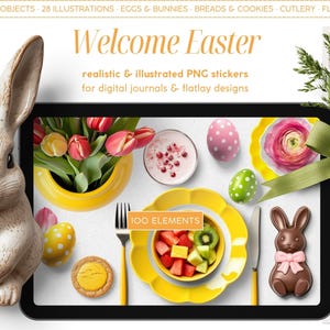 Adesivos digitais realistas, clipart do criador de cenas de Páscoa, objetos PNG, painel digital, planejador, diário, quadro de humor Flatlay