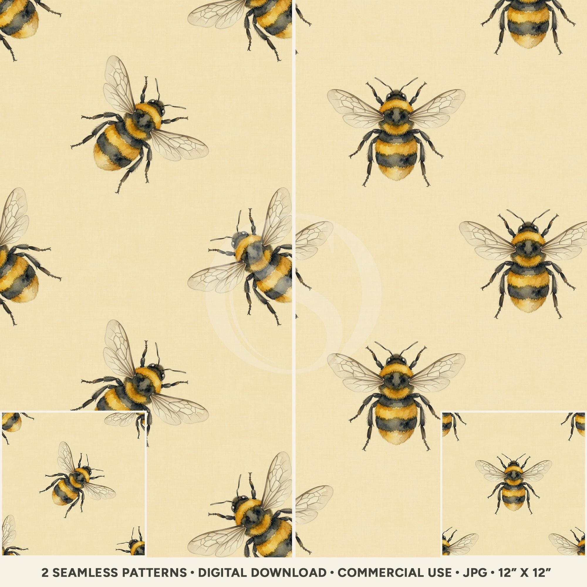 Seamless Commercial Pattern, Digital Download, Watercolor Bee Half Drop ...