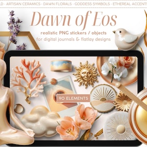Puede incluir: Composición de arte digital con una tableta que muestra varias pegatinas y objetos PNG. La imagen incluye elementos florales, un sol, un tarro de miel y una figura meditando. El texto dice "Dawn of Eos" y "90 Elements".