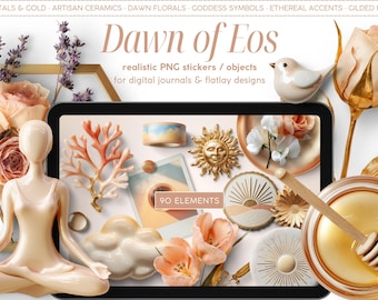 90 Dawn of Eos Planificador digital Pegatinas realistas Diario Objetos PNG transparentes Creador de escenas Uso comercial