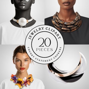 Puede incluir: Un conjunto de 20 gargantillas y collares gruesos y llamativos en varios estilos y colores. El clipart de joyería incluye una gargantilla de perlas, una gargantilla de madera en capas y una gargantilla floral multicolor.