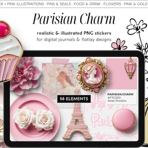 Stickers numériques réalistes, charme de Paris, clipart créateur de scène, objets PNG, tableau de bord numérique, agenda, journal, tableau d'ambiance flatlay