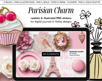 Pegatinas digitales realistas, encanto parisino, imágenes prediseñadas de Scene Creator, objetos PNG, panel digital, planificador, diario, moodboard plano