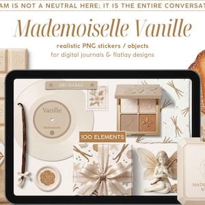 May include: An image featuring a collection of vanilla-themed digital design elements. The composition includes a tablet displaying various PNG stickers and objects, such as a vanilla bean, a perfume bottle, a madeleine, and a chocolate bar. The text "Mademoiselle Vanille" is prominently displayed.