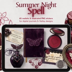 May include: An arrangement of gothic-themed digital art elements. Includes a dark red velvet journal with a butterfly, a perfume bottle, a compact with a heart, and a heart-shaped frame with a moth. The text reads "Summer Night Spell".