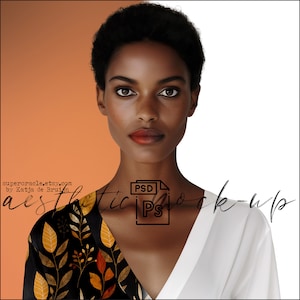 May include: A woman with short black hair is wearing a white shirt with a black and gold floral pattern on the left side of her chest. The text "aesthetic mockup" is written across the image.