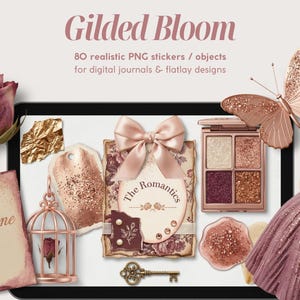 May include: An arrangement of digital design elements with a rose, butterfly, and a doll. The text "Gilded Bloom" and "Champagne Toast" are visible. The image includes a palette of eyeshadow and a decorative key.