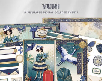 Hojas de collage Yumi de 12 piezas, kit de diario basura, muñeca de papel, papeles scrapbooking, etiquetas, adornos, para principiantes, descarga digital