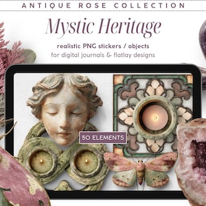 Realistische digitale stickers, Mystic Heritage, Antique Rose-serie, Scene Creator Clipart, PNG-objecten, Digitaal dagboek, Flatlay Moodboard