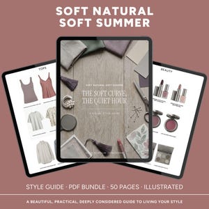 May include: Three tablets display a style guide titled "Soft Natural Soft Summer." The central tablet shows a cover with text and accessories. The left tablet shows tops, and the right tablet displays beauty products. The image includes text: "Style Guide - PDF Bundle - 50 Pages - Illustrated."