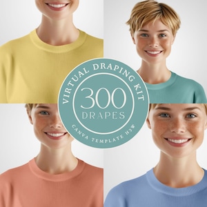 Könnte beinhalten: Ein Set mit vier virtuellen Draping-Kits für Canva. Die Kits zeigen einen Kreis mit dem Text "VIRTUAL DRAPING KIT 300 DRAPES CANVA TEMPLATE H3W". Die Kits werden auf vier verschiedenen Modellen gezeigt, die Pullover in Gelb, Türkis, Koralle und Hellblau tragen.