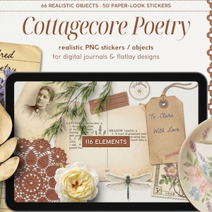 Puede incluir: Composición de arte digital con una tableta que muestra efímeras vintage, incluyendo un retrato, elementos botánicos y una etiqueta que dice "Para: Clara Con amor". La imagen incluye una taza de té, lavanda y elementos decorativos.