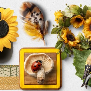 Pode incluir: Um tapete de rato de girassol amarelo com um rato sem fios preto, uma pena amarela, uma coroa de girass&oacute;is amarelos, um cogumelo com uma joaninha e um pintassilgo amarelo numa folha verde.