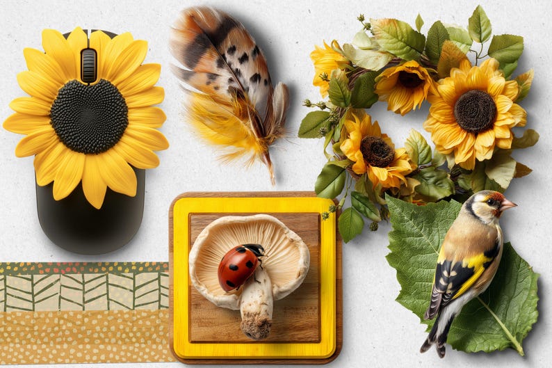 Pode incluir: Um tapete de rato de girassol amarelo com um rato sem fios preto, uma pena amarela, uma coroa de girass&oacute;is amarelos, um cogumelo com uma joaninha e um pintassilgo amarelo numa folha verde.