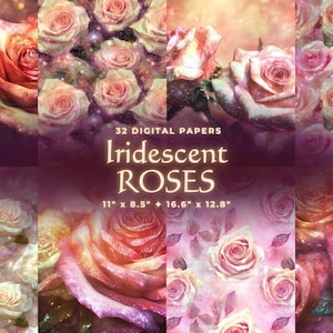 Puede incluir: Colección de arte digital "Iridescent ROSES" con rosas rosas, melocotón y blancas. La imagen incluye texto que indica 32 papeles digitales con dimensiones de 27,9 cm x 21,6 cm y 42,2 cm x 32,5 cm.