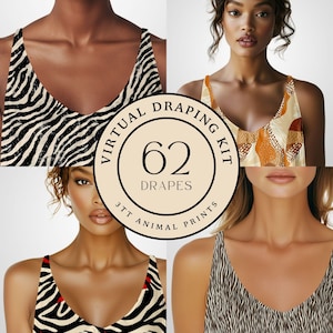 Può includere: Un collage di quattro immagini che mostrano diverse donne che indossano diverse camicette con stampa animalier. Le immagini sono disposte in un quadrato con un cerchio al centro che dice "Virtual Draping Kit 62 Drapes 3TT Animal Prints".